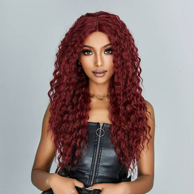 Long Curly Wine Red Front Lace Wigs Women's Middle Part Wigs