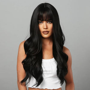 Allbell Long Natural Black Wave Wigs With Bangs For Women, Heat Resistant