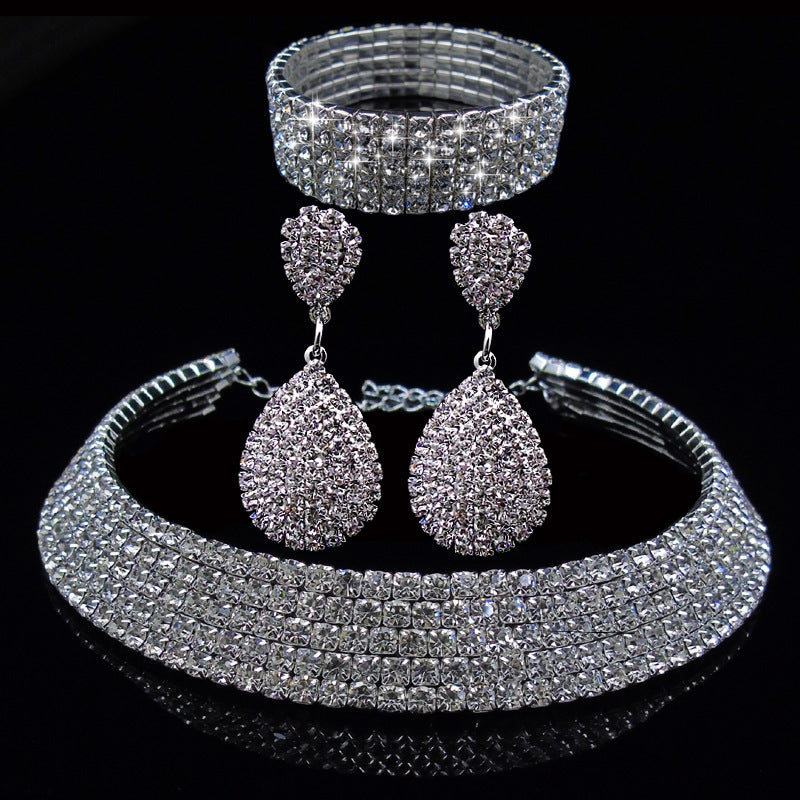 Full Rhinestone Multilayer Necklace Bracelet Drop Earring Set for Occasions