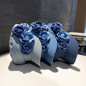 Denim Flat-top Cap Women's Three-dimensional Contrast Color Flowers