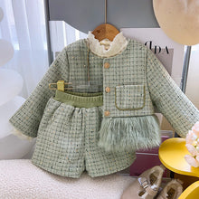 Load image into Gallery viewer, Winter New Girls&#39; Fleece-lined Splicing Coat Shorts Two-piece Set