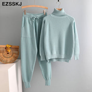 Pieces Set Women Knitted Tracksuit Turtleneck