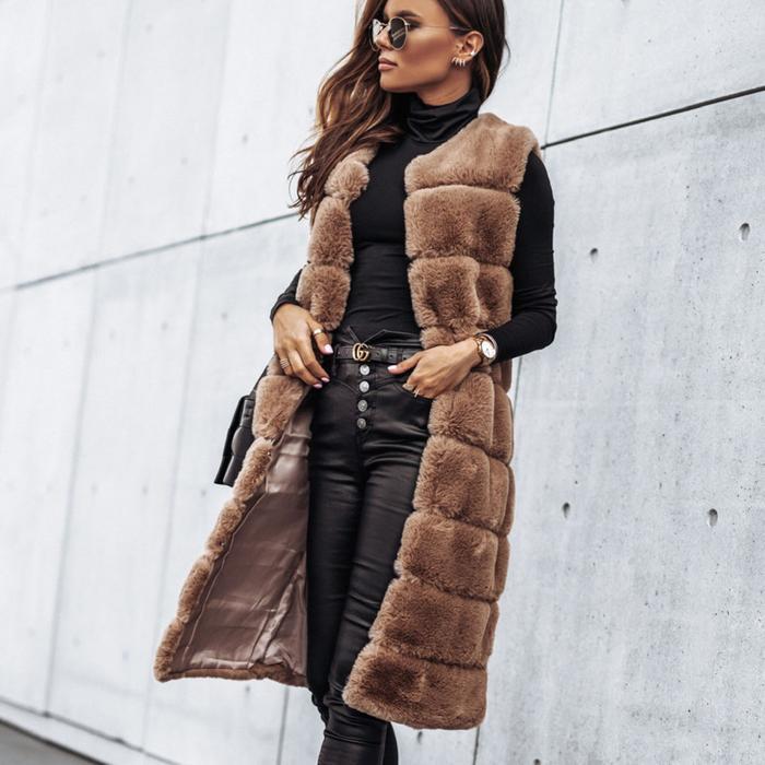 Long round neck fur vest jacket