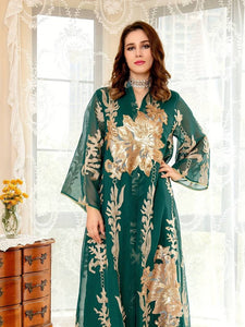 Embroidered Flower V-neck Abbaya, Elegant Long Sleeve Maxi