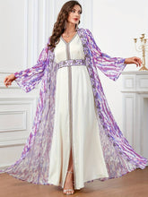 Charger l&#39;image dans la galerie, Elegant Two-piece Abbaya Set, All over Print Open Front Coverup &amp; Embroidered V-neck Maxi