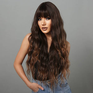 Wig Women's Mid-Length Brown Long Curly Hair Wig With Bangs Fluffy Wavy