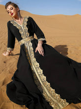 Charger l&#39;image dans la galerie, Lace Embroidered Tie Waist Abbaya, Elegant V-neck Contrast Trim Maxi Length Kaftan