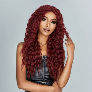 Long Curly Wine Red Front Lace Wigs Women's Middle Part Wigs