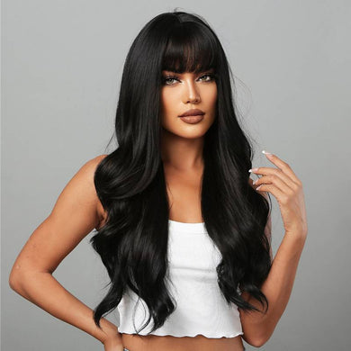 Allbell Long Natural Black Wave Wigs With Bangs For Women, Heat Resistant