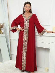 Graphic Print Button Decor abbaya , Elegant V-neck Maxi Kaftan