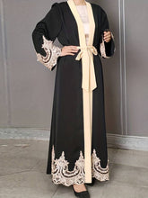 Charger l&#39;image dans la galerie, Contrast Lace Open Front Abbaya, Elegant Long Sleeve Maxi Kaftan