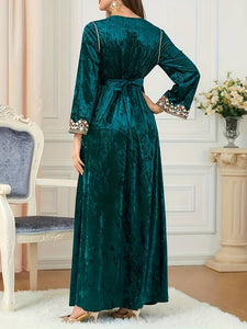 Embroidered Kaftan Dress, Elegant V Neck Long Sleeve Abbaya