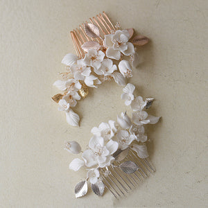 Porcelain Hair Comb Earring Set White Flowers