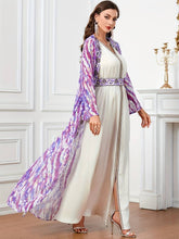 Charger l&#39;image dans la galerie, Elegant Two-piece Abbaya Set, All over Print Open Front Coverup &amp; Embroidered V-neck Maxi