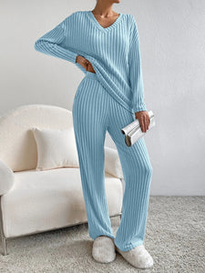 Fashion Solid Striped Suit V-neck Long-sleeved Top And Casual Straight Pants Loose Temperament