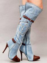 Cargar imagen en el visor de la galería, Women&#39;s Denim Plus Size Boots Stitching High Heel Knee-high Boots