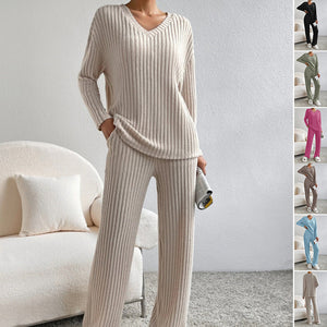 Fashion Solid Striped Suit V-neck Long-sleeved Top And Casual Straight Pants Loose Temperament