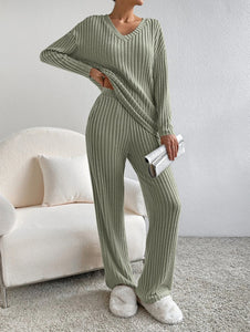 Fashion Solid Striped Suit V-neck Long-sleeved Top And Casual Straight Pants Loose Temperament