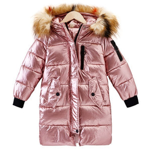 Children's bronzing shiny large fur collar cotton coat