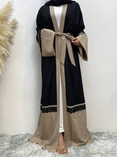 Charger l&#39;image dans la galerie, Color Block Tie Waist Abbaya, Elegant Lace Stitching Maxi Length Kaftan