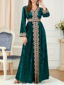 Embroidered Kaftan Dress, Elegant V Neck Long Sleeve Abbaya