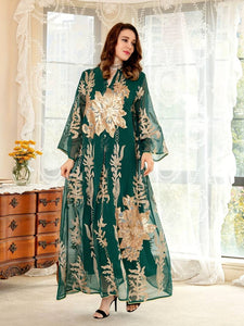 Embroidered Flower V-neck Abbaya, Elegant Long Sleeve Maxi