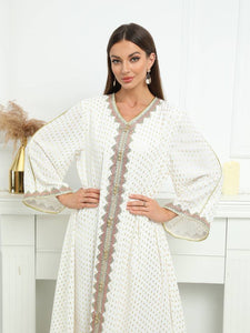 Bronzing V Neck Abbaya Kaftan Dress, Elegant Ankle Length Love Sleeve