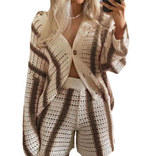 Charger l&#39;image dans la galerie, European And American Leisure Fashion Ladies V-neck Hollow Striped Shirt Loose Knitted Wide Leg Suit