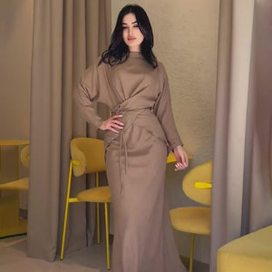 Solid Color Satin Cross Lace-up Nipped Waist Skirt Suit