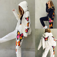 Cargar imagen en el visor de la galería, Women Long-Sleeved Hooded Zipper Casual Sweater Suit with butterfly design