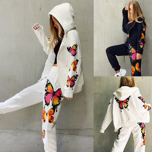 Women Long-Sleeved Hooded Zipper Casual Sweater Suit with butterfly design