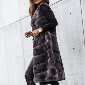 Long round neck fur vest jacket