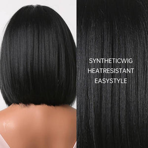 Short Bob Straight Black Wigs For Women With Bangs Heat Resistant