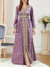 Charger l&#39;image dans la galerie, Embroidered Kaftan Dress, Elegant V Neck Long Sleeve Abbaya