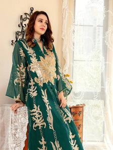 Embroidered Flower V-neck Abbaya, Elegant Long Sleeve Maxi