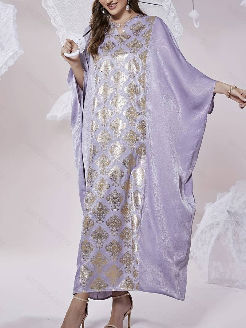 Floral Print Batwing Sleeve Abbaya, Elegant Notched Neck Maxi