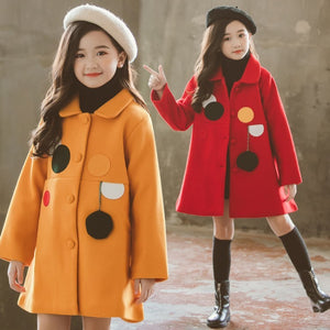 Girls Padded Lapel Color Matching Polka Dot Woolen Coat