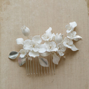 Porcelain Hair Comb Earring Set White Flowers