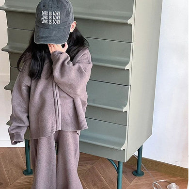 Girl's Sweater Cardigan Hooded Coat & Trousers Suit