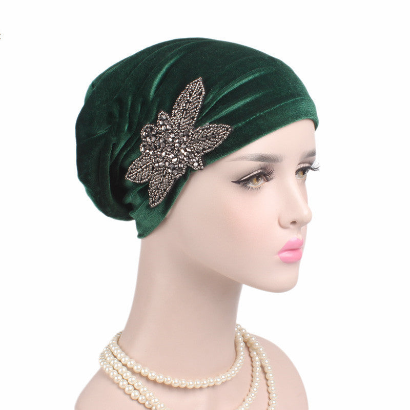 Beaded Flower Accessories Turban Hat Velvet Pleated Hood