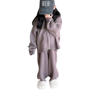 Girl's Sweater Cardigan Hooded Coat & Trousers Suit