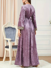 Charger l&#39;image dans la galerie, Embroidered Kaftan Dress, Elegant V Neck Long Sleeve Abbaya