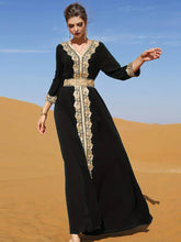 Charger l&#39;image dans la galerie, Lace Embroidered Tie Waist Abbaya, Elegant V-neck Contrast Trim Maxi Length Kaftan