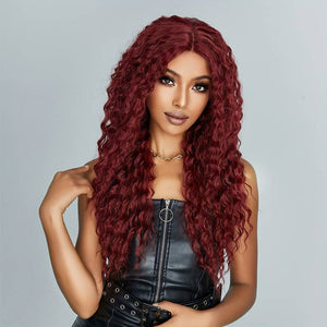 Long Curly Wine Red Front Lace Wigs Women's Middle Part Wigs