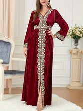 Charger l&#39;image dans la galerie, Embroidered Kaftan Dress, Elegant V Neck Long Sleeve Abbaya