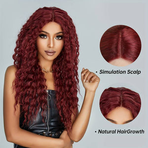 Long Curly Wine Red Front Lace Wigs Women's Middle Part Wigs