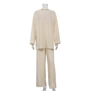 Women's Long Sleeve Round Neck Loose Trousers Crepe Casual Suit