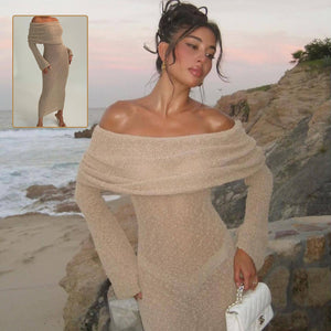 One-shoulder Knitted Long-sleeved Dress Sexy Beach Holiday Long Dresses