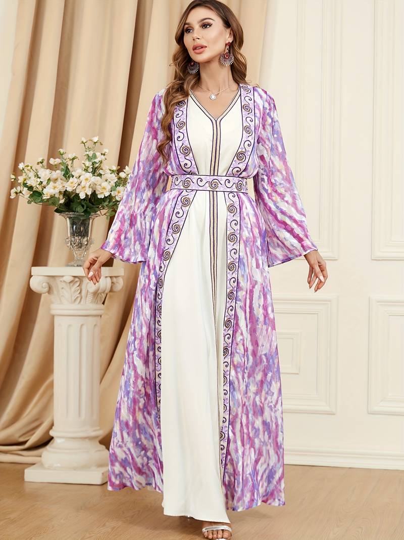 Elegant Two-piece Abbaya Set, All over Print Open Front Coverup & Embroidered V-neck Maxi