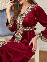 Charger l&#39;image dans la galerie, Embroidered Kaftan Dress, Elegant V Neck Long Sleeve Abbaya